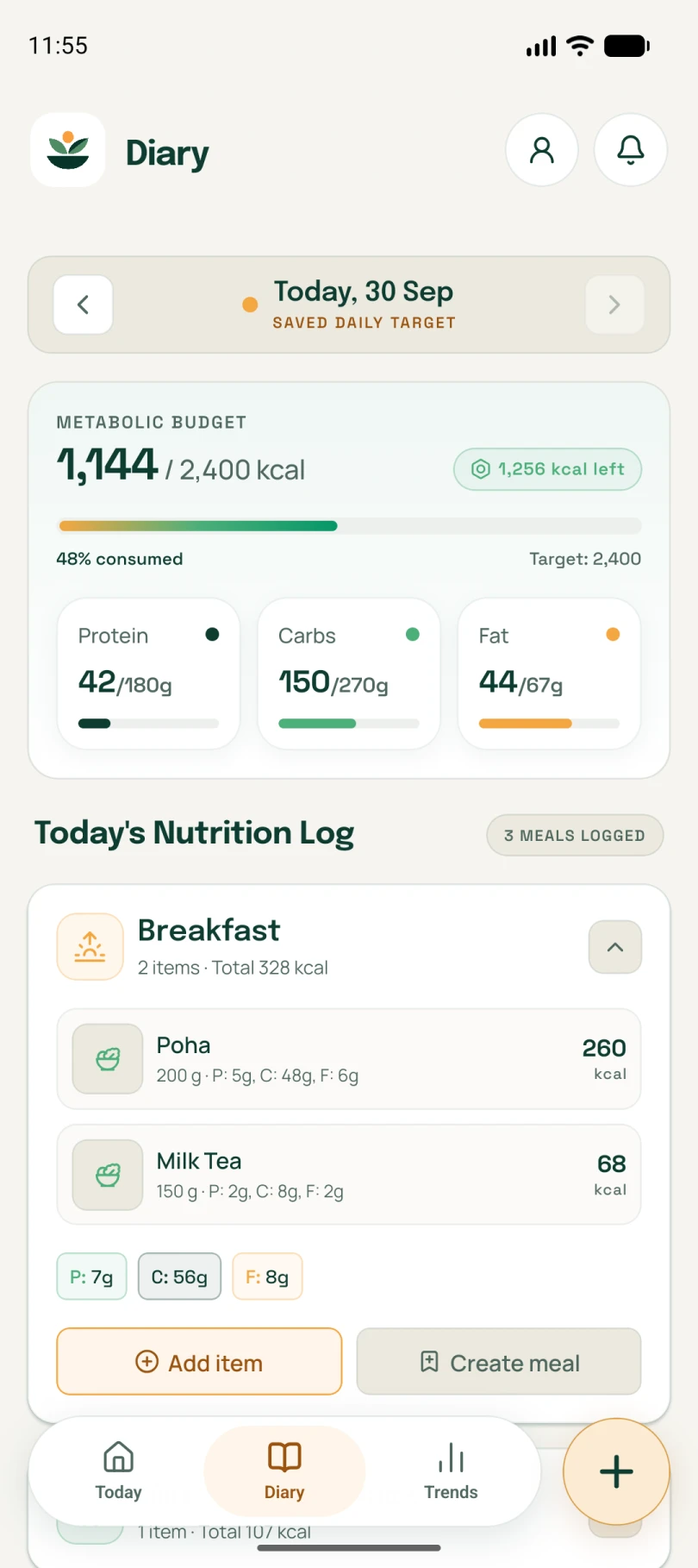 Neyvi food diary organised by meal with daily nutrition totals