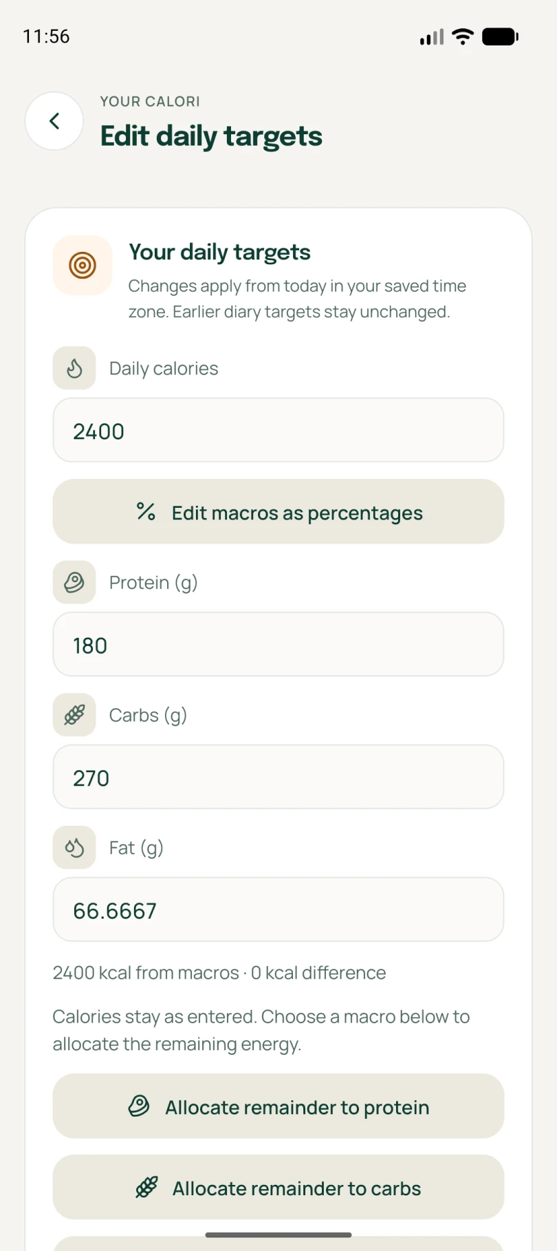 Editable calorie and macro targets in Neyvi